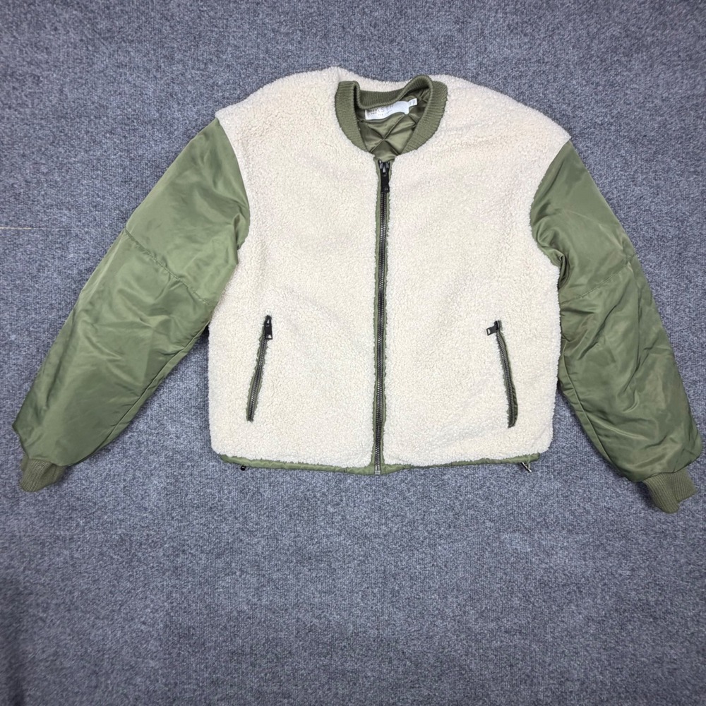 ASTR The Label Faux Shearling Mixed Media Bomber Jacket Olive Green Cream XS